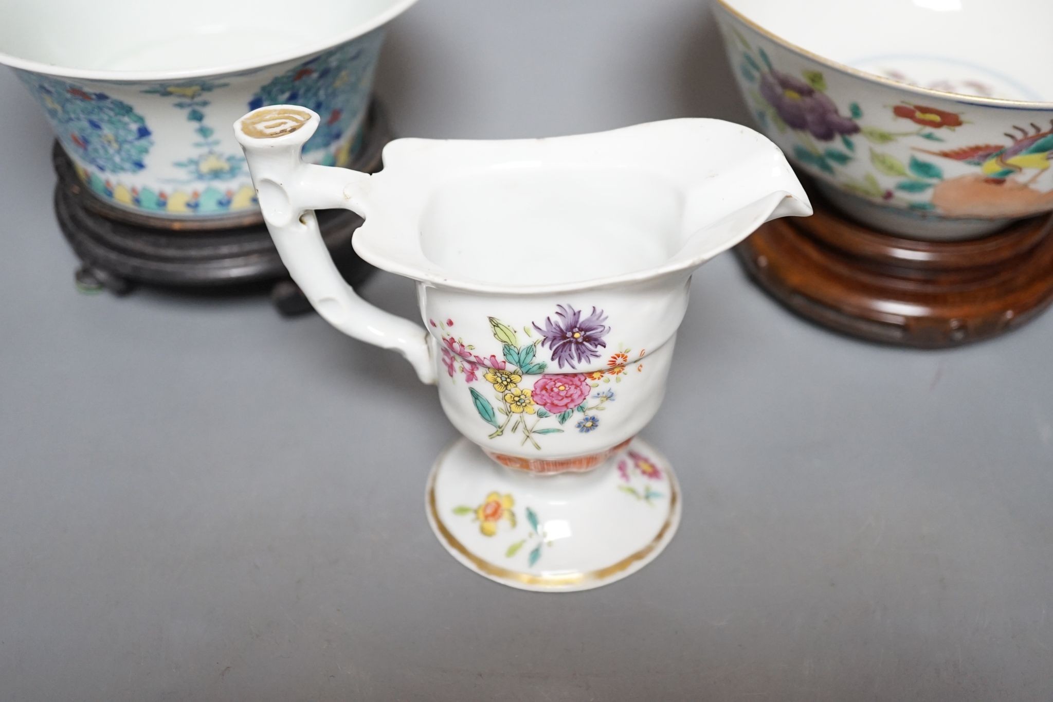 Two Chinese porcelain bowls, largest 17cm diam., and a Continental milk jug